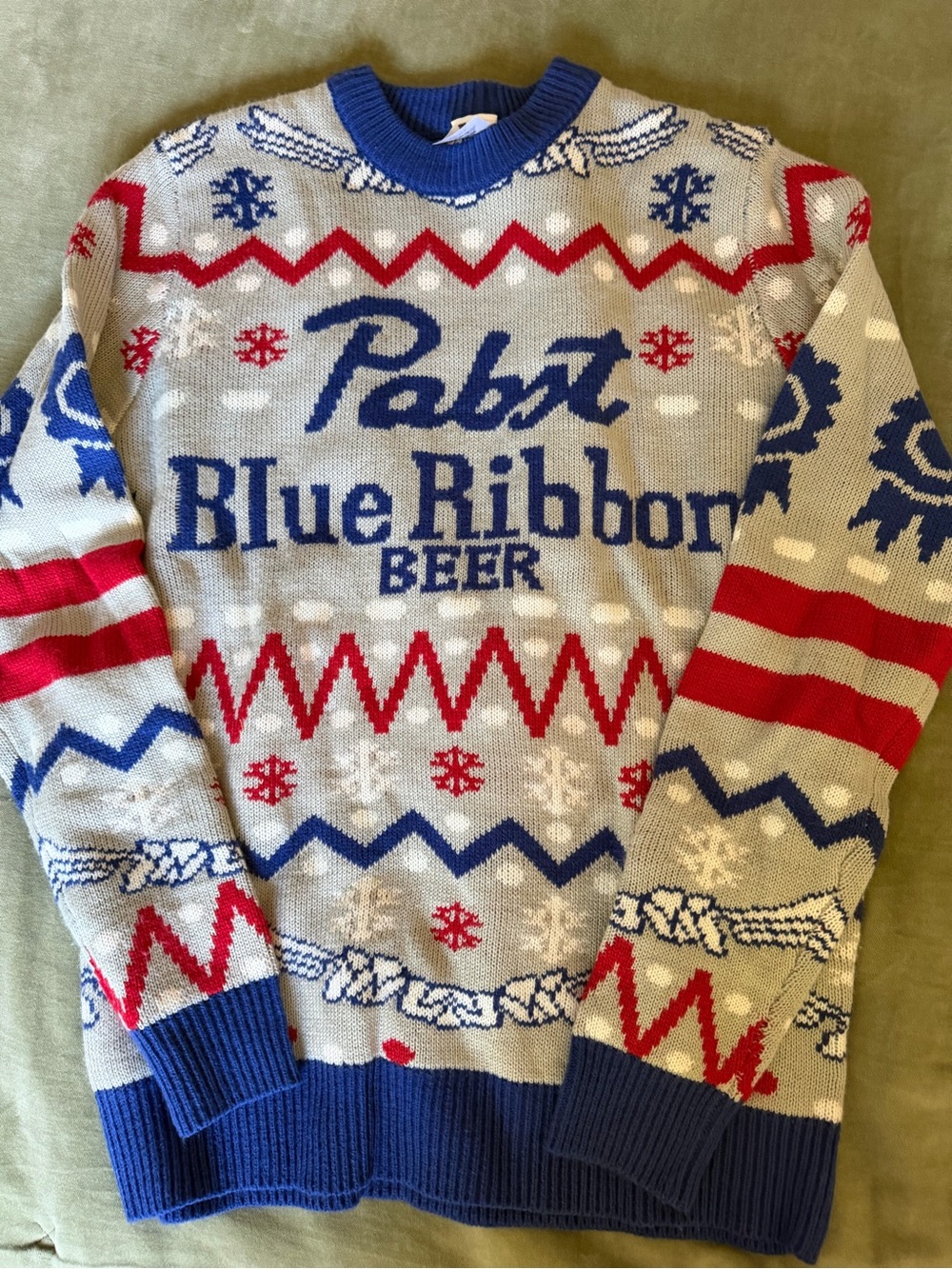 Pabst Blue Ribbon Men's Gray Crewneck Sweater with Blue & Red Accents